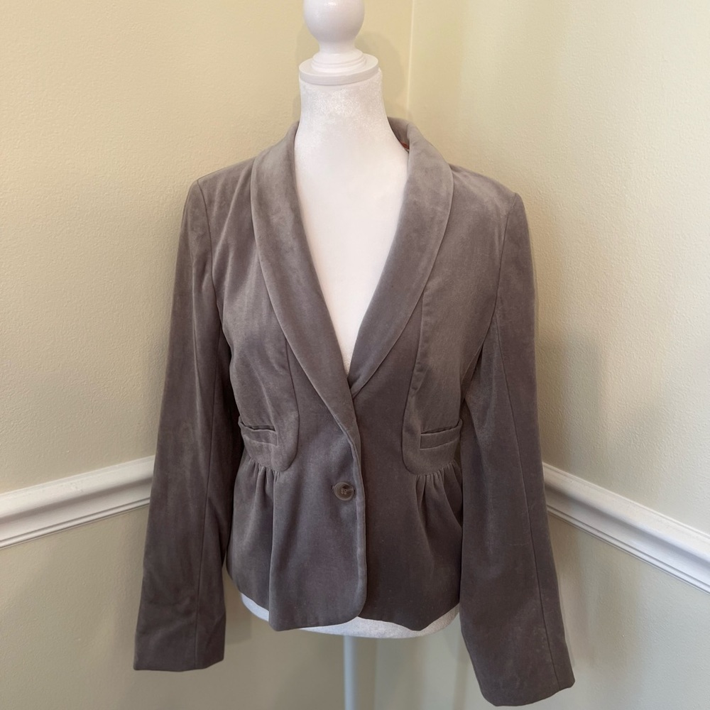 Slightly loved gray J Crew two-pocket velour blazer, size 6